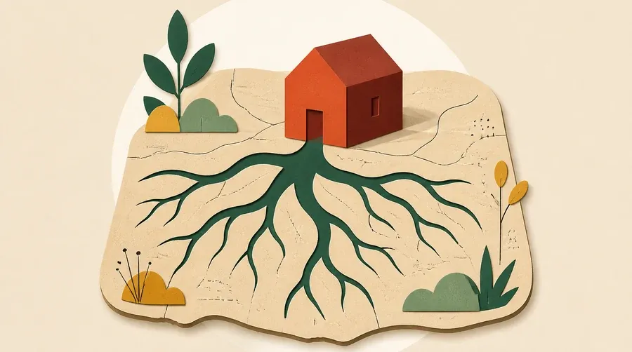 Une carte sable arrondie, des racines vert forêt et une maison terre cuite.