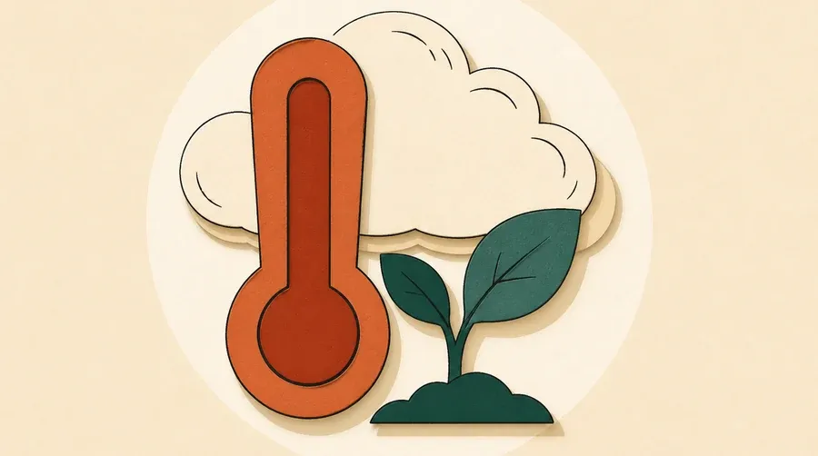 Un nuage crème, un thermomètre terre cuite et une pousse vert forêt.