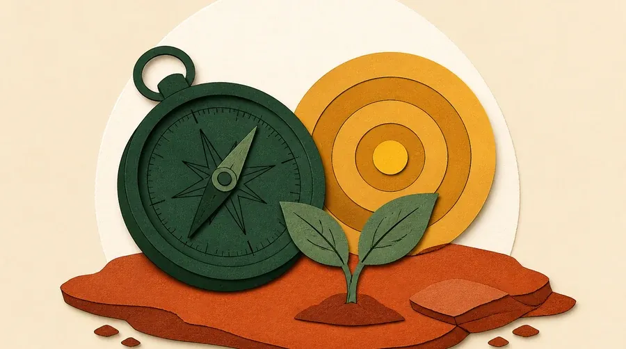 Une boussole verte, une pousse sauge et une cible ocre bien centrées.