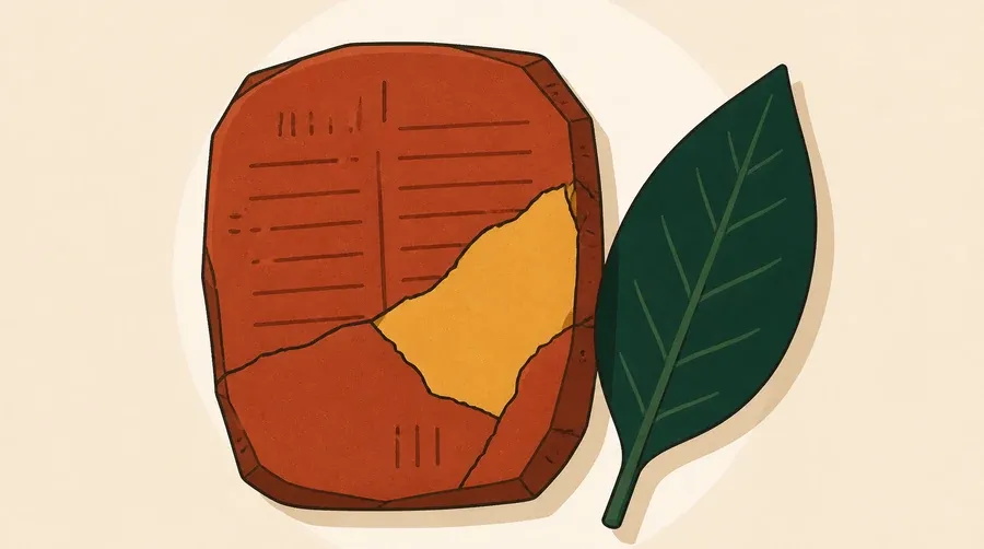 Tablette terre cuite réparée par une pièce ocre près d’une feuille verte.