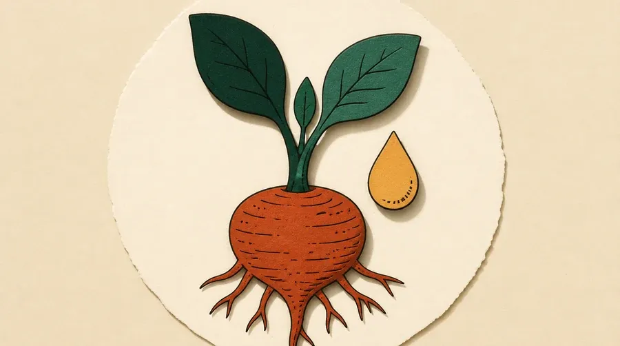 Racine terre cuite, jeune pousse vert forêt et goutte ocre centrées.