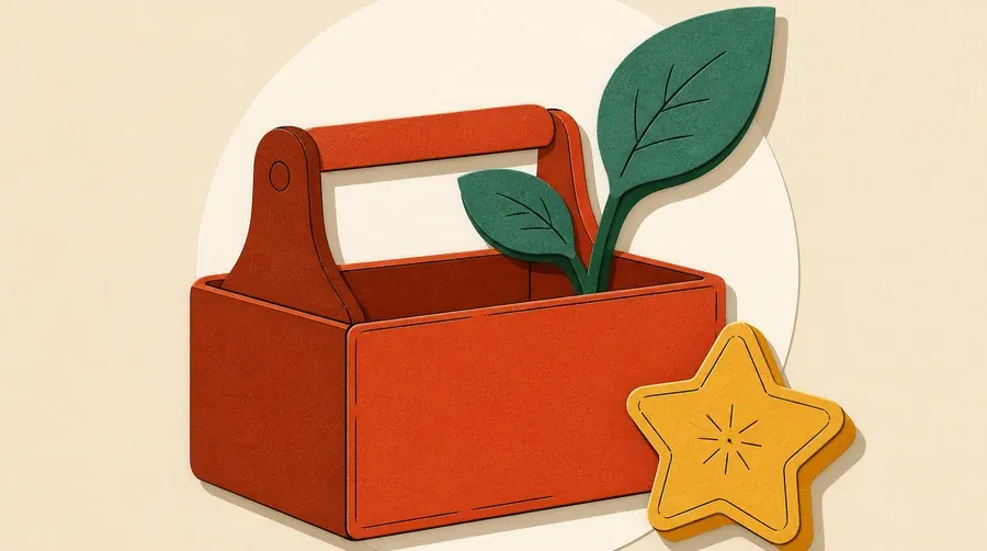 Une boîte à outils terre cuite, une pousse sauge et une étoile ocre.