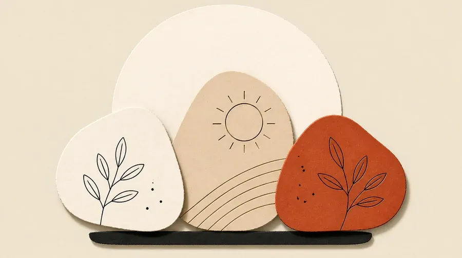Trois galets arrondis crème, sable et terre cuite sur un socle sombre.