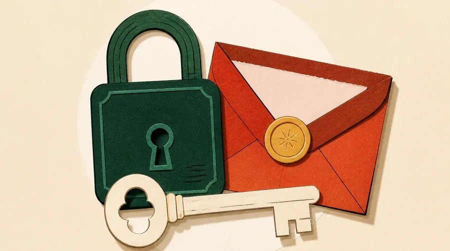Cadenas vert forêt, clé crème et enveloppe terre cuite scellée ensemble.