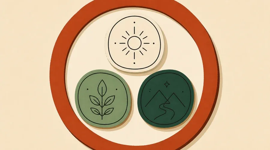 Anneau terre cuite entourant trois jetons crème, vert sauge et forêt.