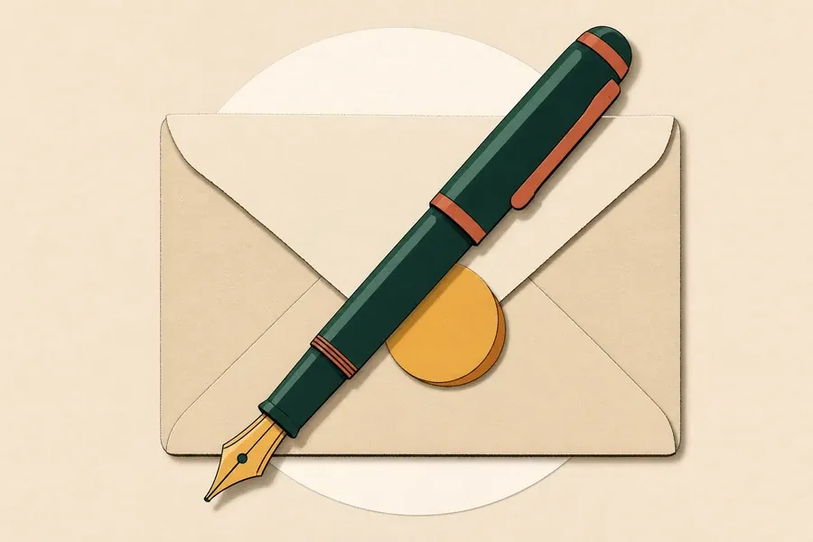 Un stylo encre sombre croise une enveloppe sable au sceau ocre.