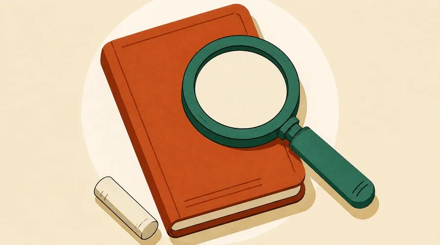 Une loupe sauge observe un carnet terre cuite et une craie crème.