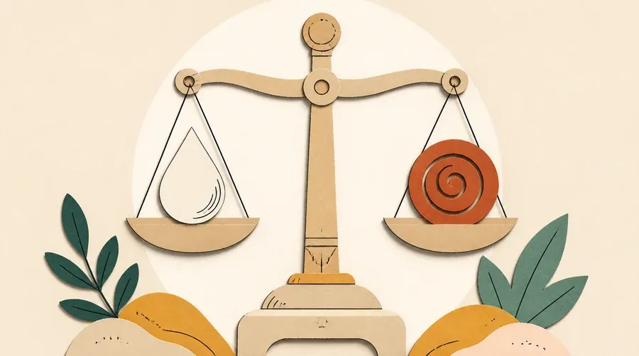 Une balance sable porte une goutte crème et une spirale terre cuite.