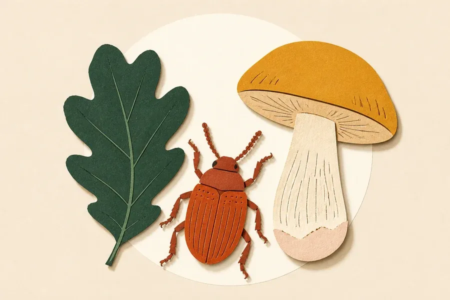 Une feuille vert forêt, un scarabée terre cuite et un champignon ocre.