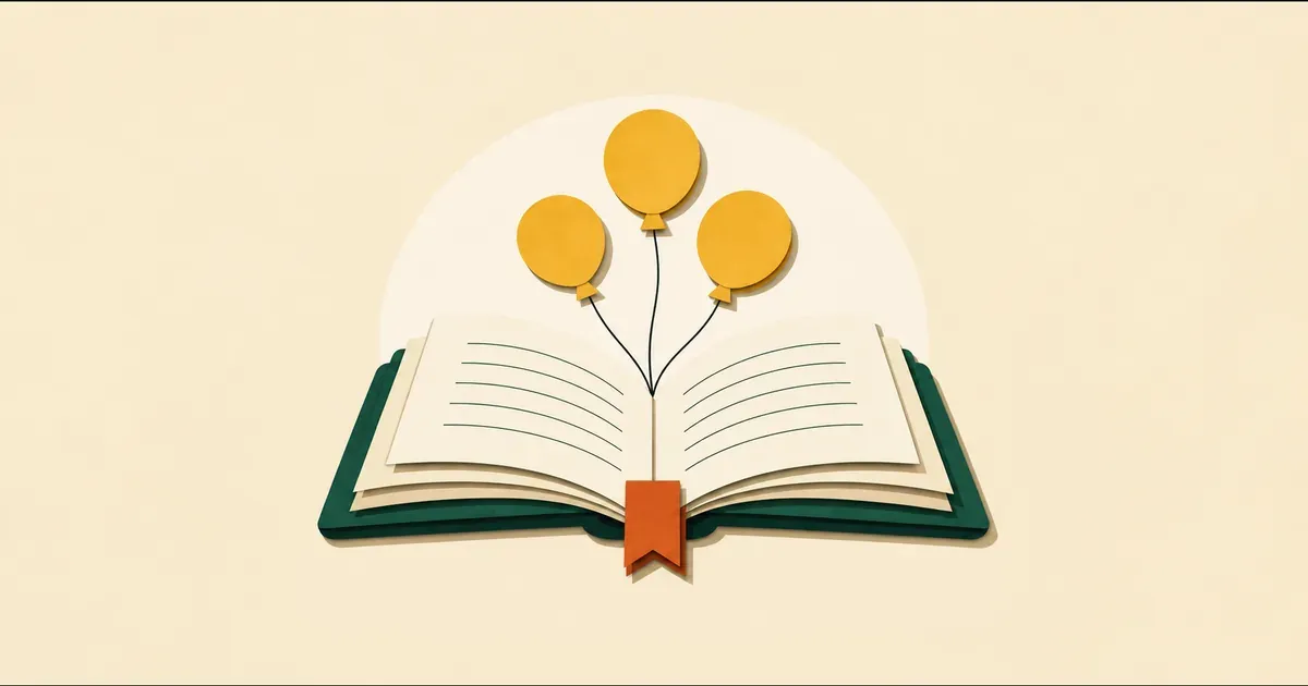 Livre ouvert crème, trois ballons jaunes, couverture vert forêt, marque-page terre cuite