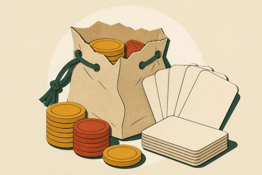 Une pochette sable, des jetons ocre et terre cuite, des cartes crème.