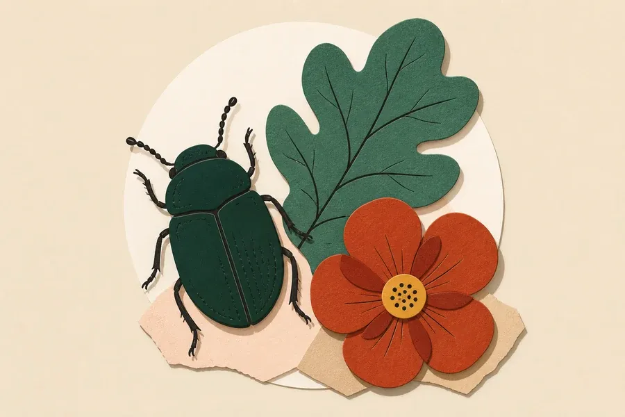 Un scarabée vert forêt côtoie une feuille et une fleur terre cuite.