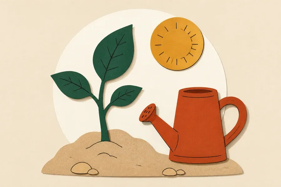Pousse vert forêt, arrosoir terre cuite, soleil ocre et monticule sable.