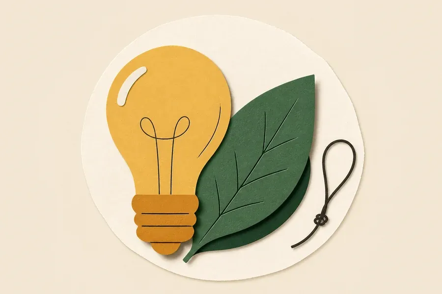 Ampoule ocre, feuille vert sauge et cordon encre sombre au centre.