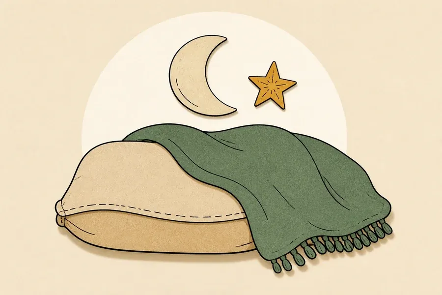 Oreiller sable, couverture vert sauge, lune crème et étoile ocre.
