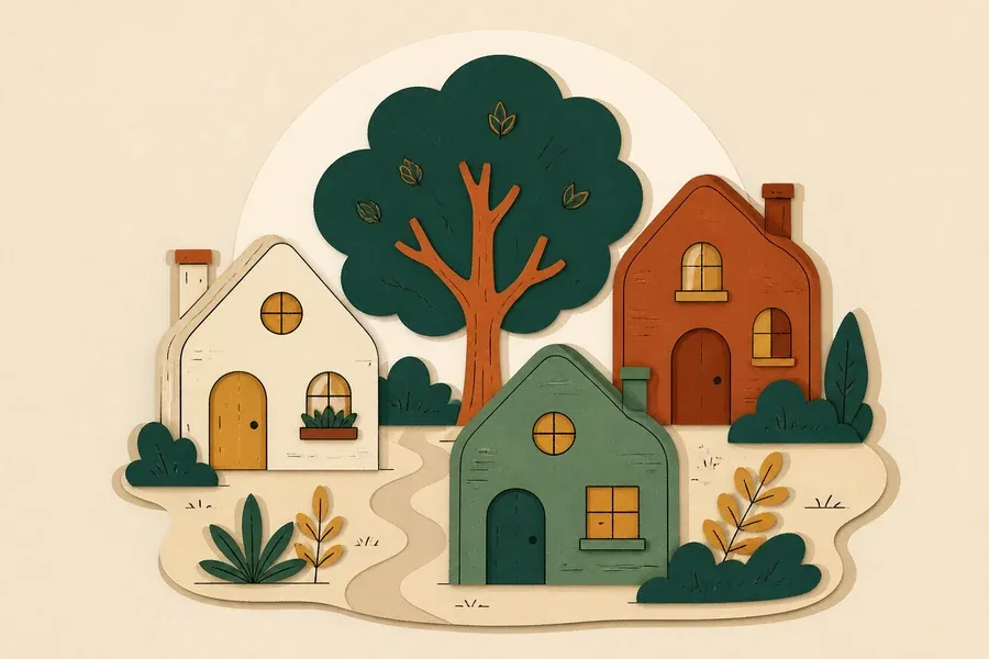 Trois maisons crème, terracotta et sauge entourent un arbre vert forêt.