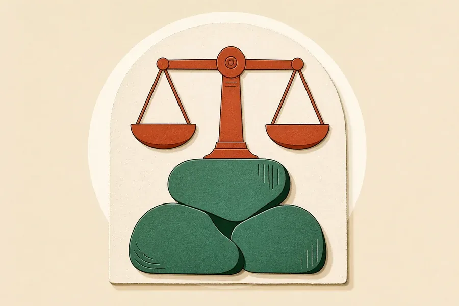 Une arche crème, une balance terre cuite et trois pierres vert sauge imbriquées.