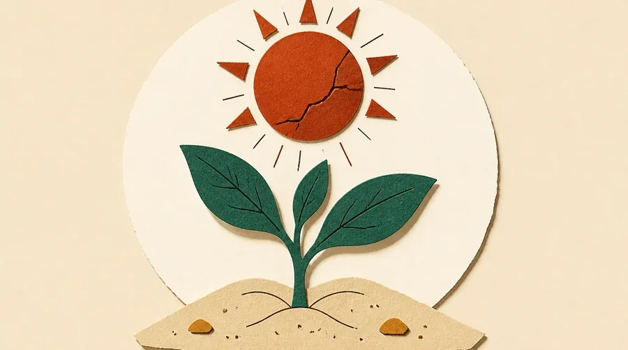 Un jeune plant vert sauge pousse sous un soleil terre cuite craquelé.