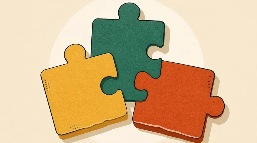 Trois pièces de puzzle vert sauge, ocre et terre cuite imbriquées.