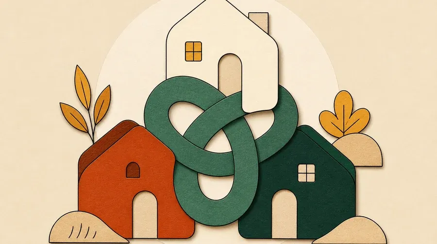 Trois maisons crème, terre cuite et vert forêt entourent un nœud sauge.
