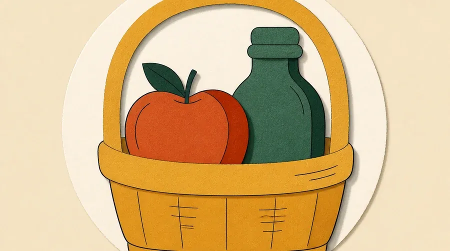 Un panier ocre contient une pomme terre cuite et une gourde sauge.