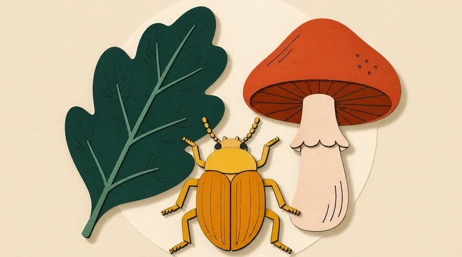 Une feuille verte, un scarabée ocre et un champignon terre cuite.
