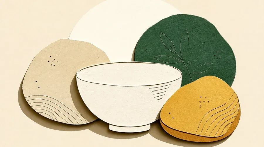 Trois galets sable, ocre et vert forêt entourent une coupe crème.