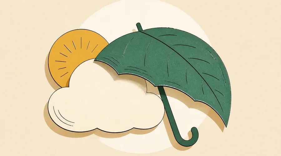 Nuage crème, soleil ocre et feuille parapluie vert sauge au centre.