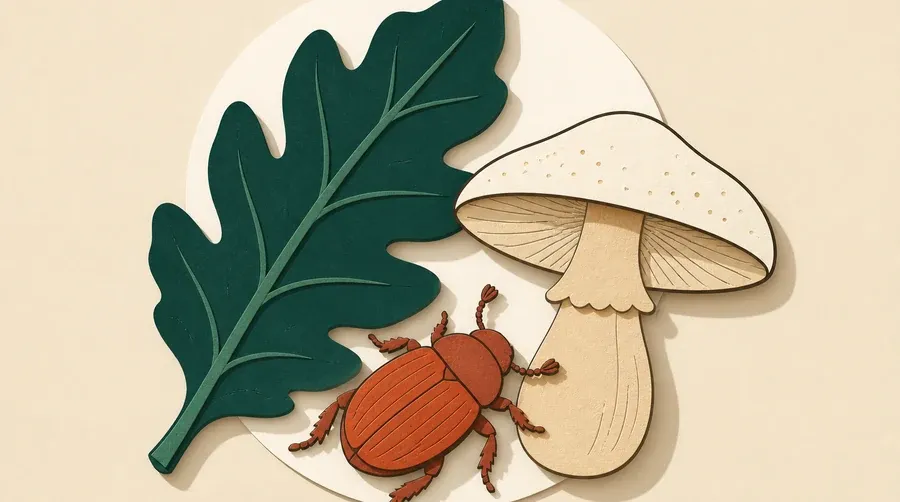 Une feuille vert forêt, un scarabée terre cuite et un champignon crème.