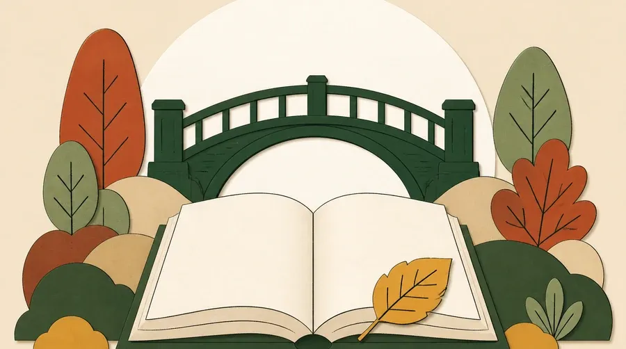 Un livre crème vide, un pont vert forêt et une feuille ocre.