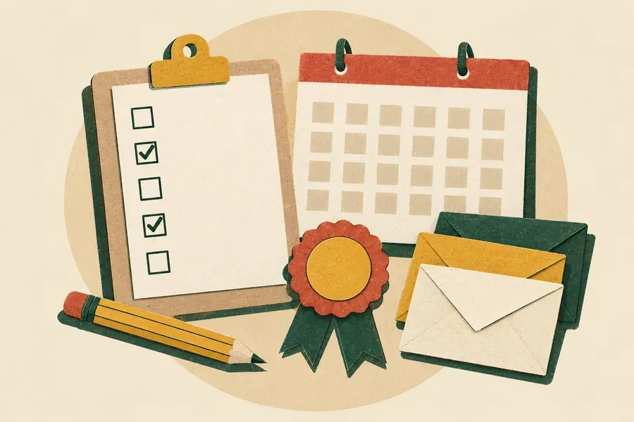 Illustration en papier découpé : liste de contrôle, calendrier, rosette et enveloppes pour préparer un concours scolaire