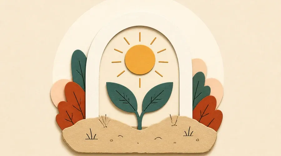 Une pousse vert sauge sous un soleil ocre et une arche crème.