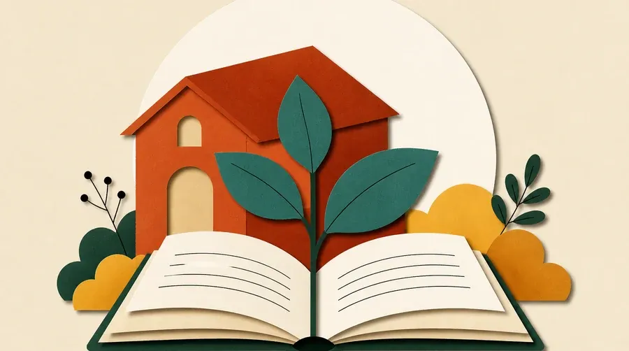 Un atelier terre cuite, un livre crème et une pousse vert forêt.