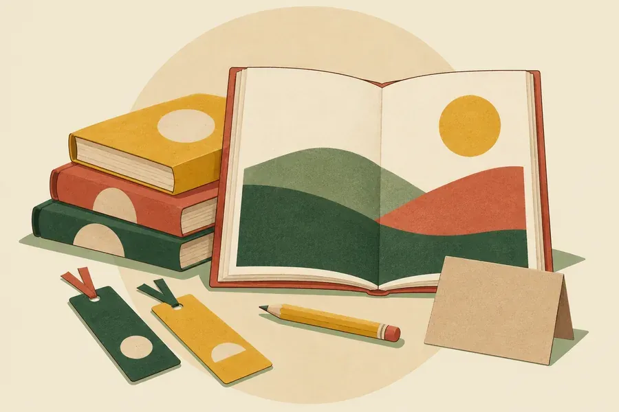Album jeunesse ouvert sur un paysage illustré, pile de livres, marque-pages et crayon