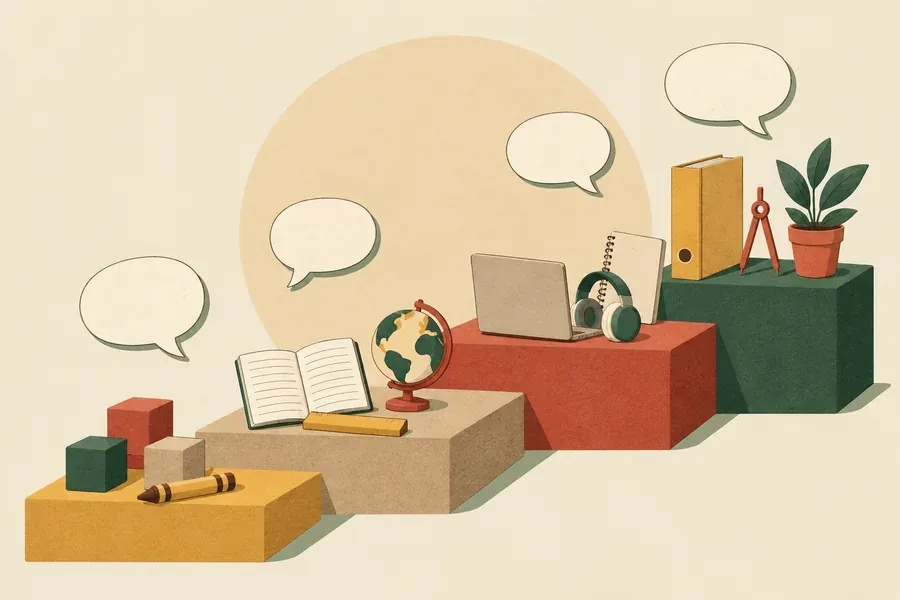 Illustration en papier découpé : quatre marches de la maternelle au lycée garnies de cubes, crayon, livre, globe, ordinateur, casque, classeur, compas et plante, sous des bulles de dialogue