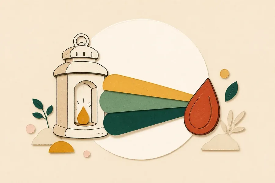 Une lanterne crème éclaire une graine terre cuite de faisceaux colorés.