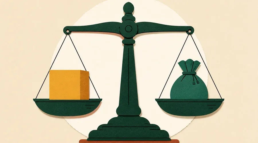 Une balance encre sombre compare une boîte ocre et une pochette vert sauge.