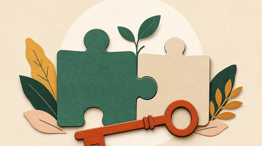 Deux pièces de puzzle, une clé terracotta et une jeune pousse verte.