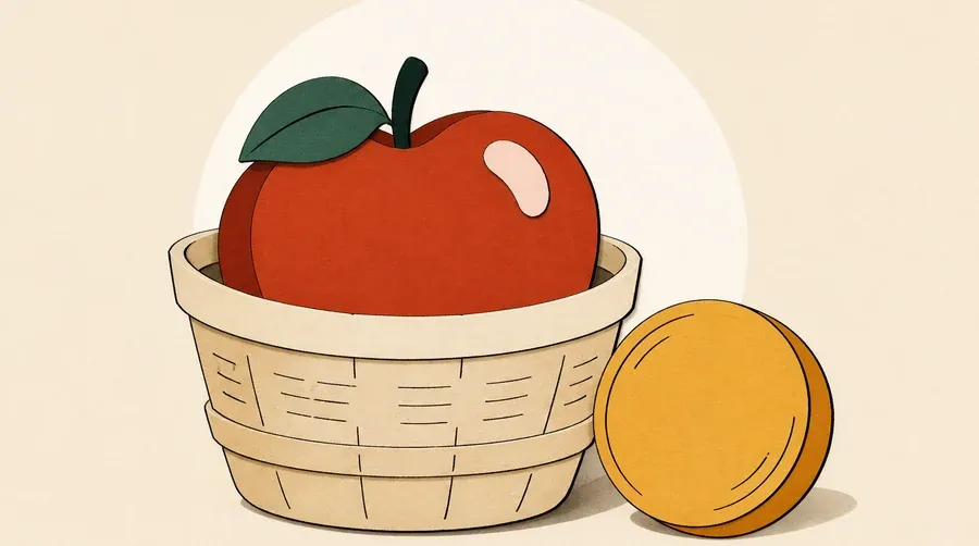 Un panier sable, une pomme terre cuite et un disque ocre.