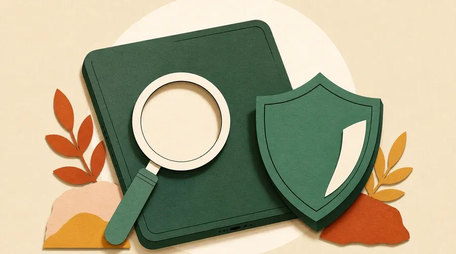 Une dalle sombre, une loupe crème et un bouclier vert sauge.