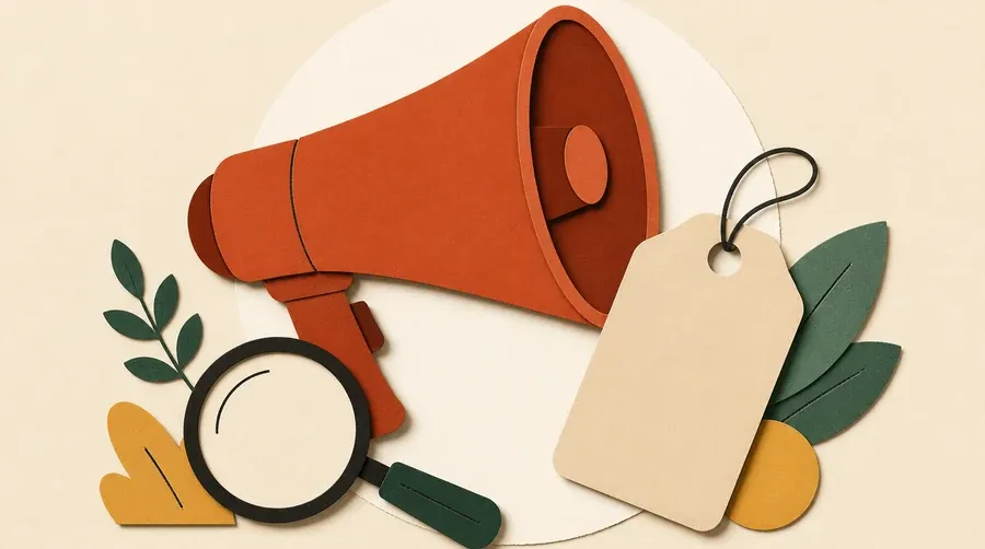 Un mégaphone terracotta, une étiquette sable et une loupe sombre.