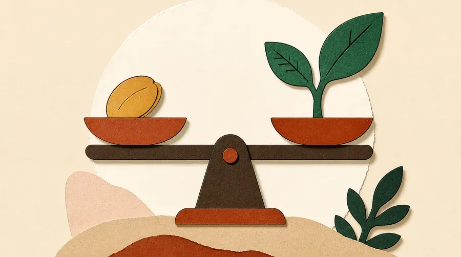 Une balance sable porte une graine ocre et une pousse vert forêt.