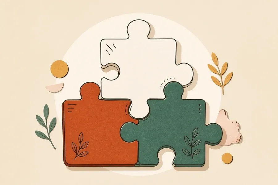 Trois pièces de puzzle crème, terre cuite et vert sauge s’emboîtent.
