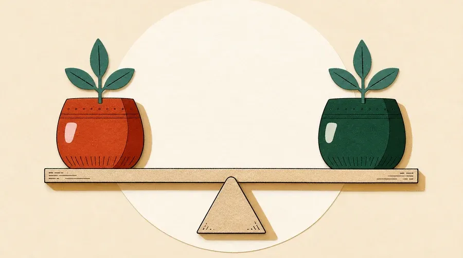 Une bascule sable équilibre deux pots terre cuite et vert forêt.