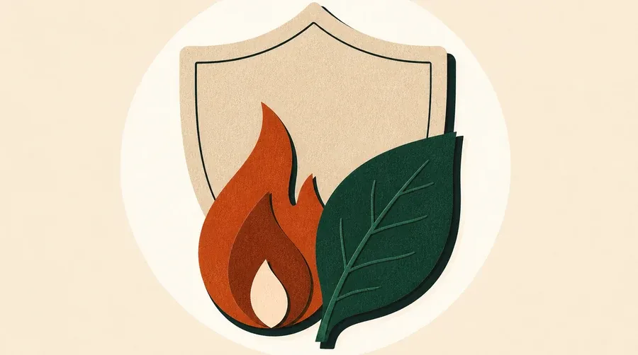 Un bouclier sable protège une flamme terre cuite et une feuille vert forêt.