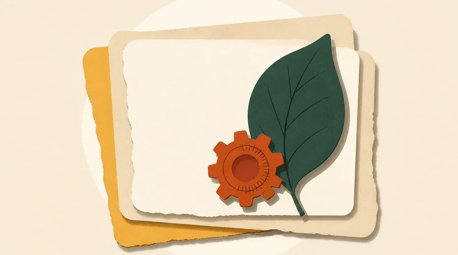 Des cartes vierges crème, sable et ocre portent une feuille verte.