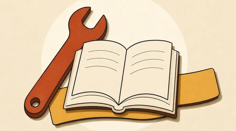 Une clé terre cuite côtoie un livre crème et une bande ocre.