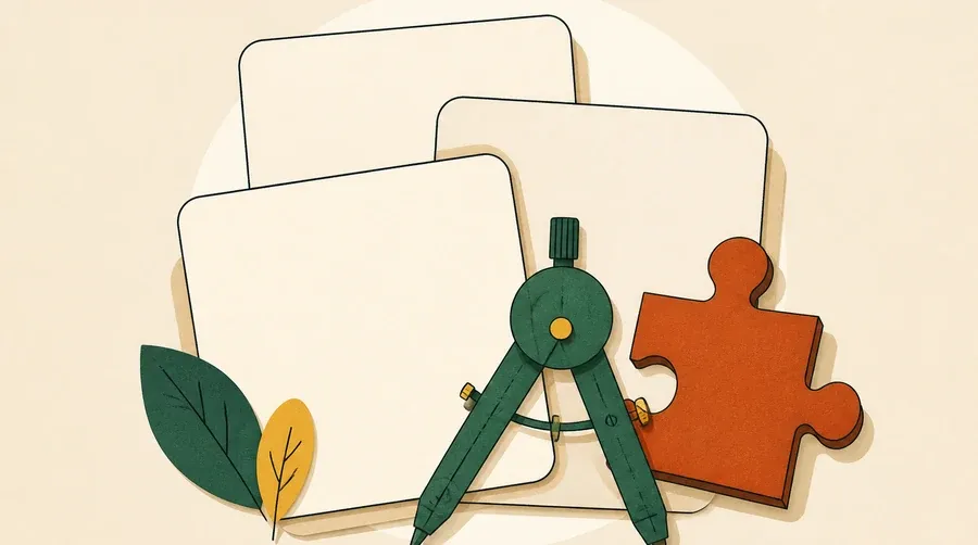Des cartes crème muettes, une pièce terre cuite et un compas vert forêt.
