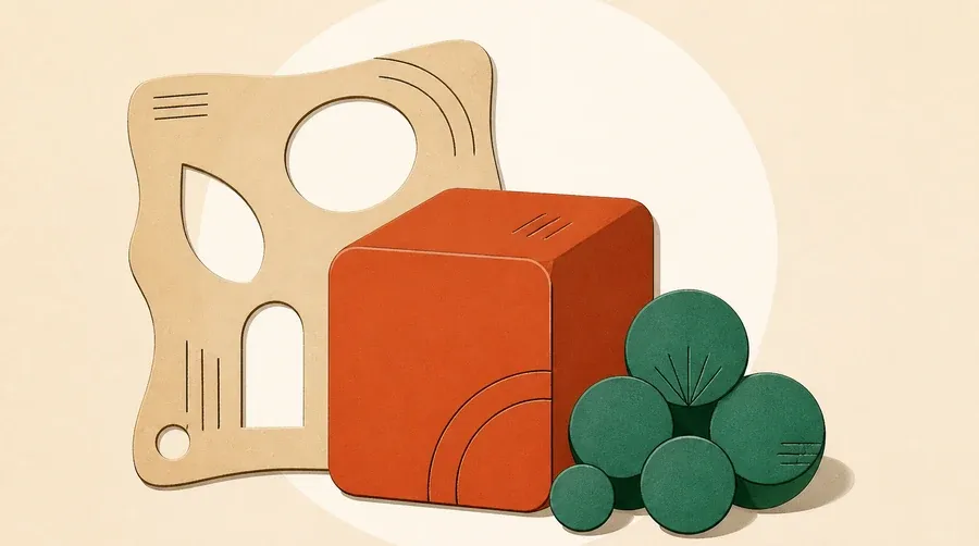 Un pochoir sable, un cube terre cuite et quelques perles vert sauge.