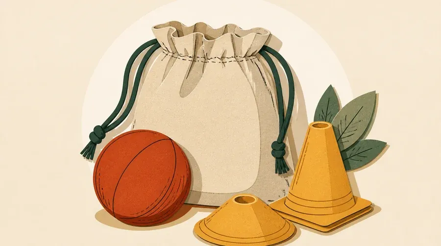 Un sac sable, un ballon terre cuite et des cônes ocre.